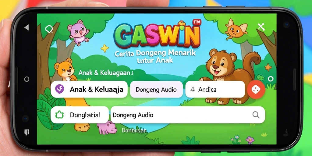 Antarmuka GASWIN yang menarik untuk dongeng audio bagi anak.