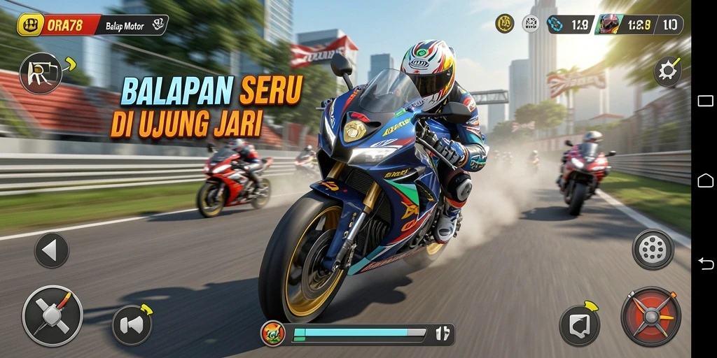 Tampilan antarmuka game Balap Motor ORA78 yang menarik dan interaktif.